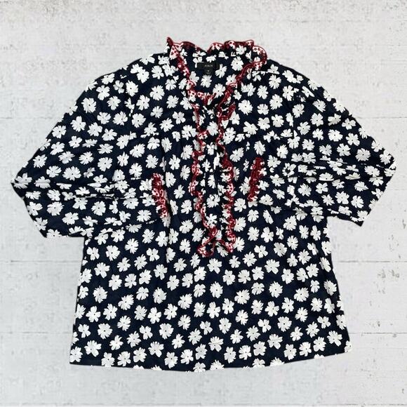 J. Crew Embroidered Ruffle Blouse Scattered Daisy Print Preppy Size Medium - Picture 7 of 10